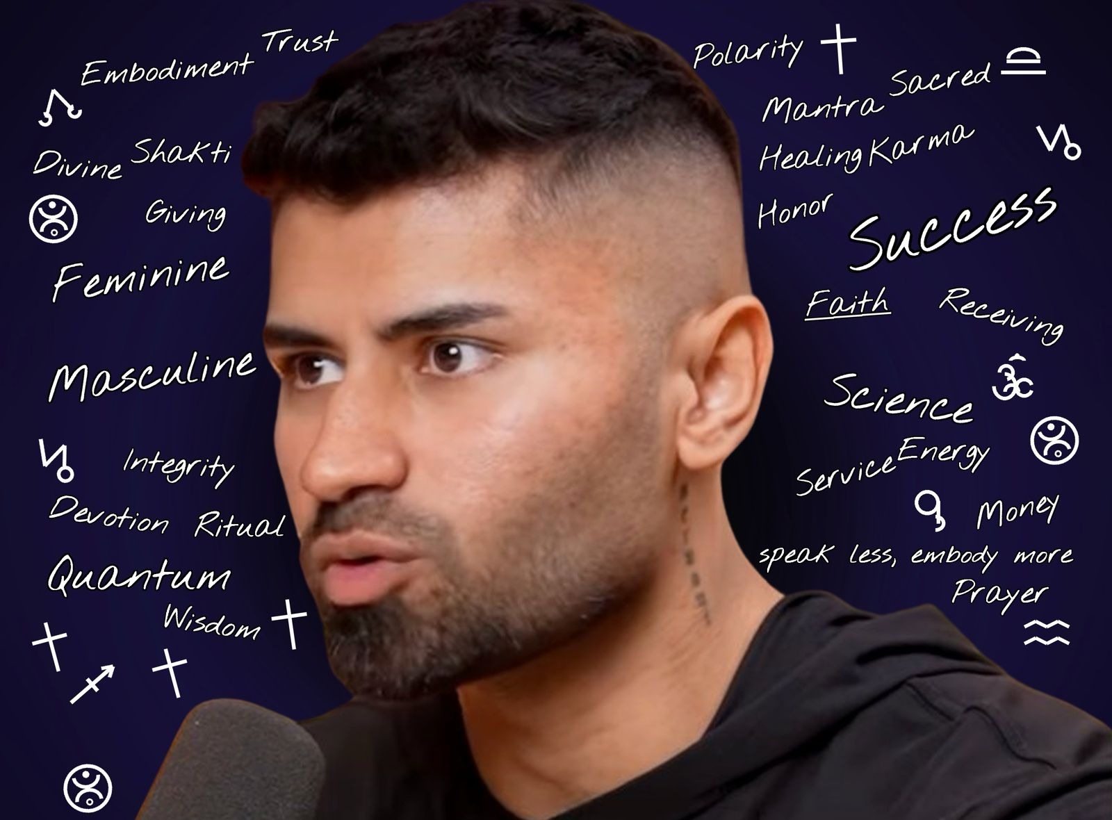 Kash at the Relearn mic, surrounded by handwritten concepts the podcast circles around — embodiment, polarity, divine, feminine, masculine, quantum, integrity, devotion, faith, success, science, prayer.